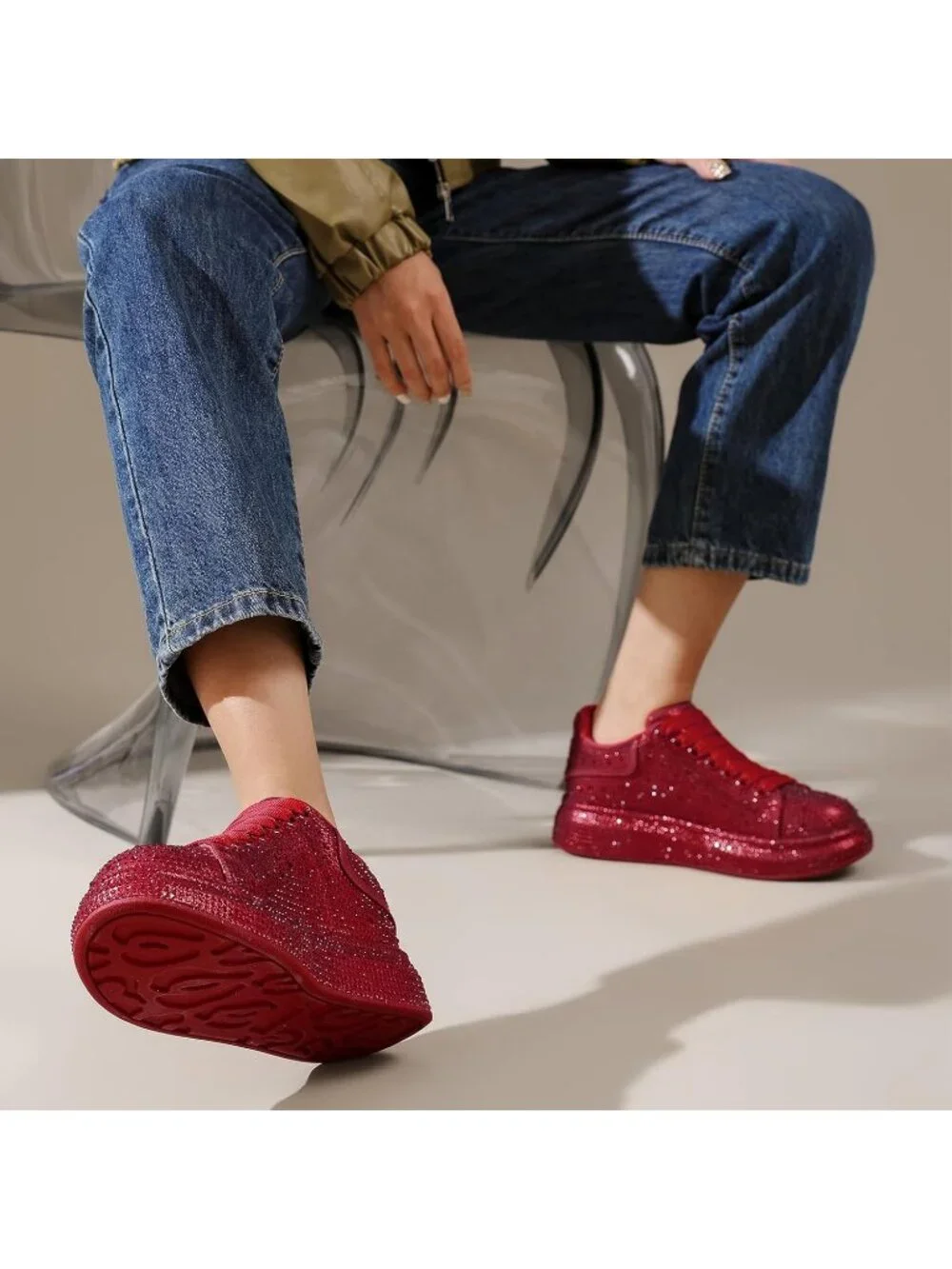 Women's Red Glitter Neon Dressy Sparkly Rhinestone Bling Comfort Walking Sneaker